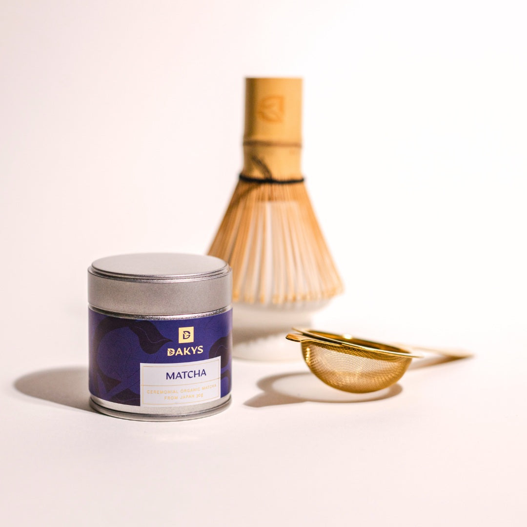 Dakys Matcha Ritual Set Up - ritual sifter, ritual matcha holder nad ritual bamboo whisk for traditional preparation of matcha.