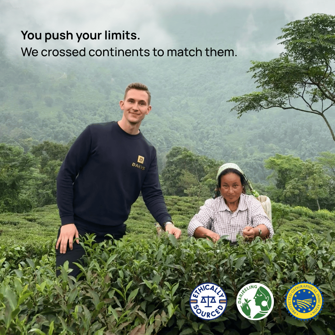 Ivo Stráník, founder of Dakys, visiting tea gardens in India to ethically source the finest leaves for performance-driven drinks. Pushing limits – just like our customers.