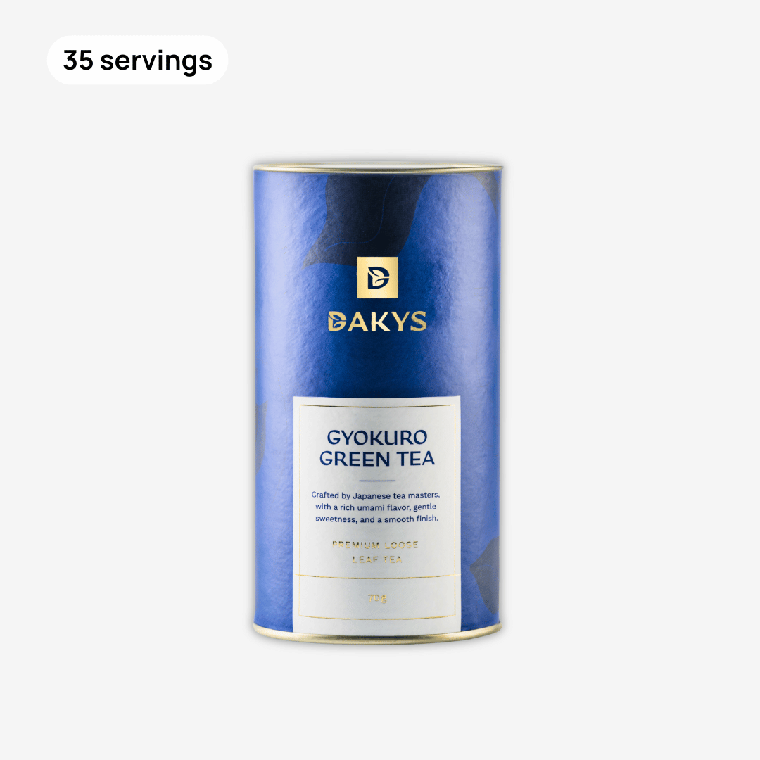 Dakys Gyokuro Green Tea – ultra-clean performance drink for deep focus and mental clarity. Premium Japanese green tea great for productive focus, 35 servings in blue tin.