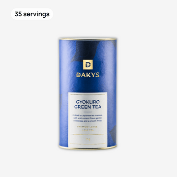 Dakys Gyokuro Green Tea – ultra-clean performance drink for deep focus and mental clarity. Premium Japanese green tea great for productive focus, 35 servings in blue tin.