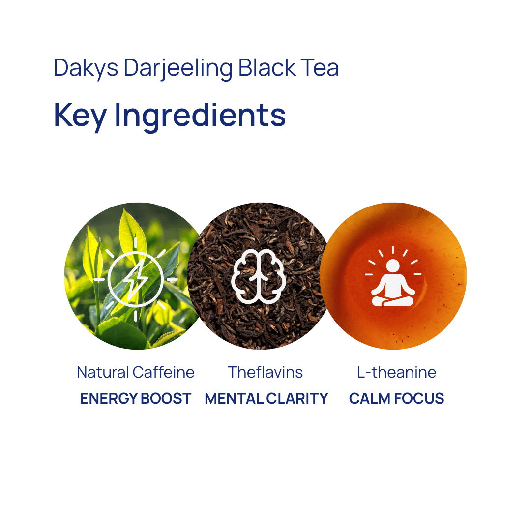 Dakys Darjeeling Black Tea ingredients: natural caffeine for energy boost, theaflavins for mental clarity, and L-theanine for calm focus. Ultra-clean performance drink for morning performance without the crash.
