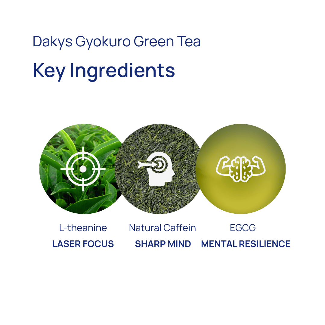 Key ingredients in Dakys Gyokuro Green Tea: L-theanine for laser focus, natural caffeine for sharp mind, and EGCG for mental resilience. Clean plant-based fuel for deep work and productivity.