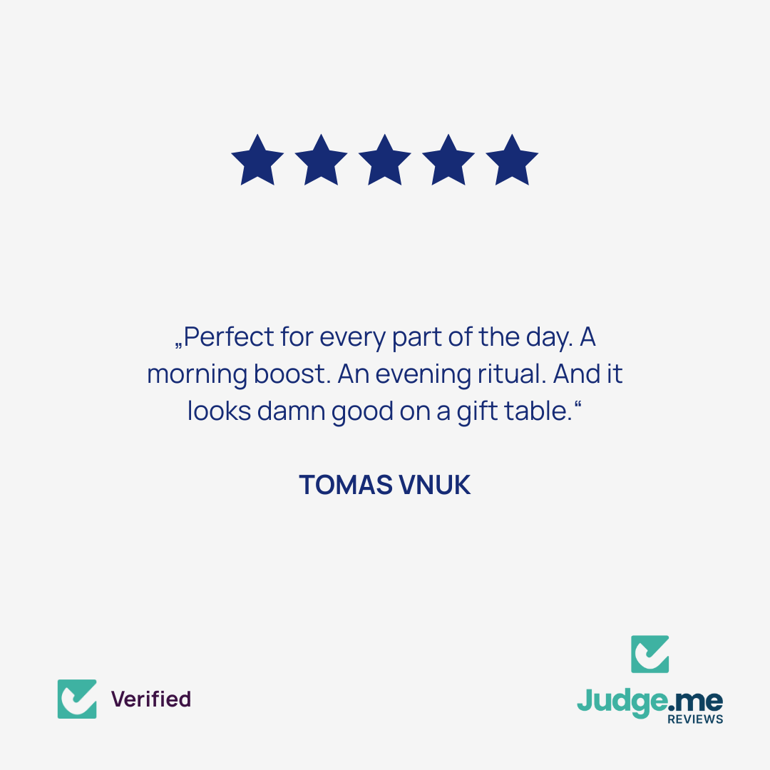 5-star customer review highlighting Dakys as the perfect ultra-clean drink for morning energy, evening rituals, and stylish gifting.
