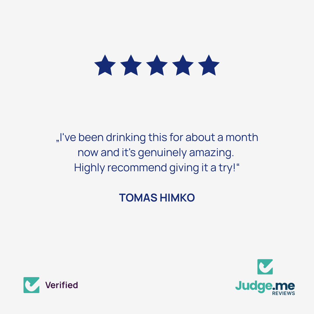Verified customer review praising Dakys Darjeeling performance drink for its energy benefits and taste – rated 5 stars by Tomas Himko.