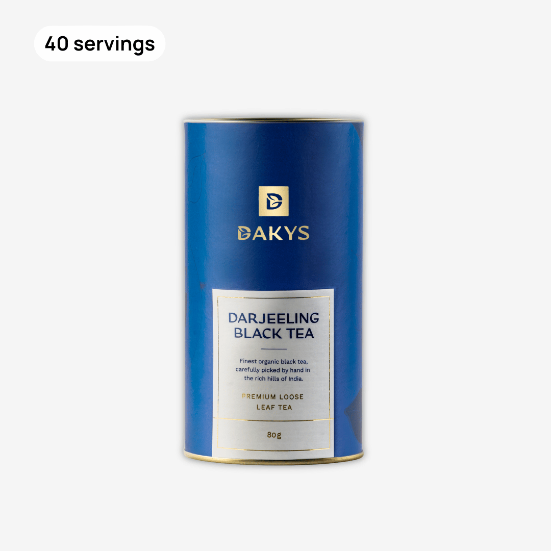 Dakys Darjeeling Black Tea – premium loose leaf performance drink in 80g tin (40 servings), crafted for smooth energy and mental clarity. Elegant blue packaging. Ideal for productive mornings.