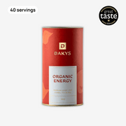 Dakys Organic Energy – red tin with 40 servings of ultra-clean performance drink with Yerba Mate, Matcha and Guarana for energy, focus and mental endurance