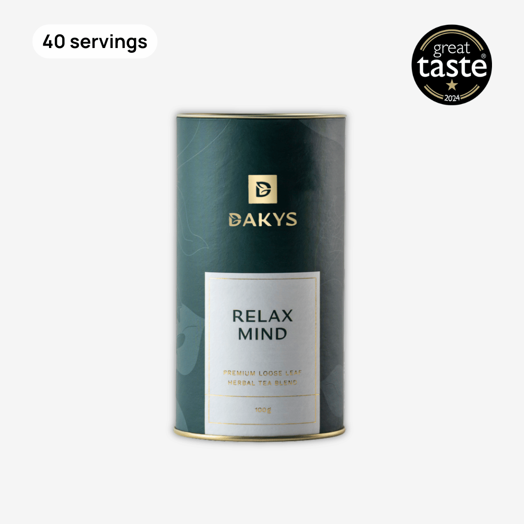 Dakys Relax Mind – calming green tin with 40 servings of plant-based recovery drink made with Lemon Balm, Lavender and Fennel. Great Taste Award 2024. For high-performers.
