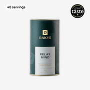 Dakys Relax Mind – calming green tin with 40 servings of plant-based recovery drink made with Lemon Balm, Lavender and Fennel. Great Taste Award 2024. For high-performers.