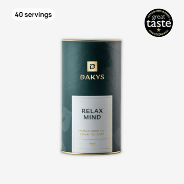 Dakys Relax Mind – calming green tin with 40 servings of plant-based recovery drink made with Lemon Balm, Lavender and Fennel. Great Taste Award 2024. For high-performers.