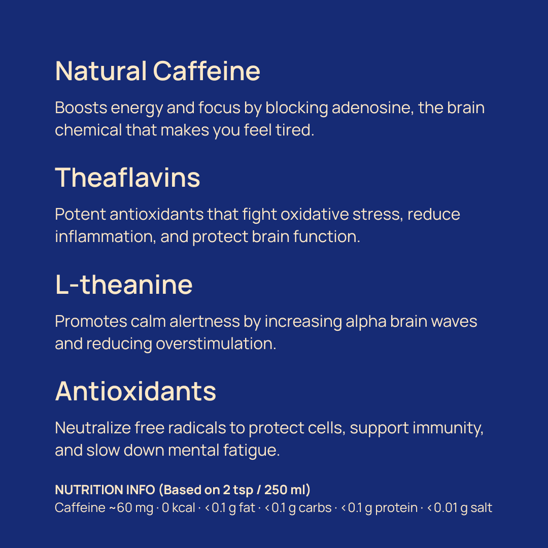Infographic listing the performance-boosting benefits of DAKYS DARJEELING black tea – including natural caffeine, theaflavins, L-theanine, and antioxidants – showing how Dakys fuels energy, focus, and mental clarity.