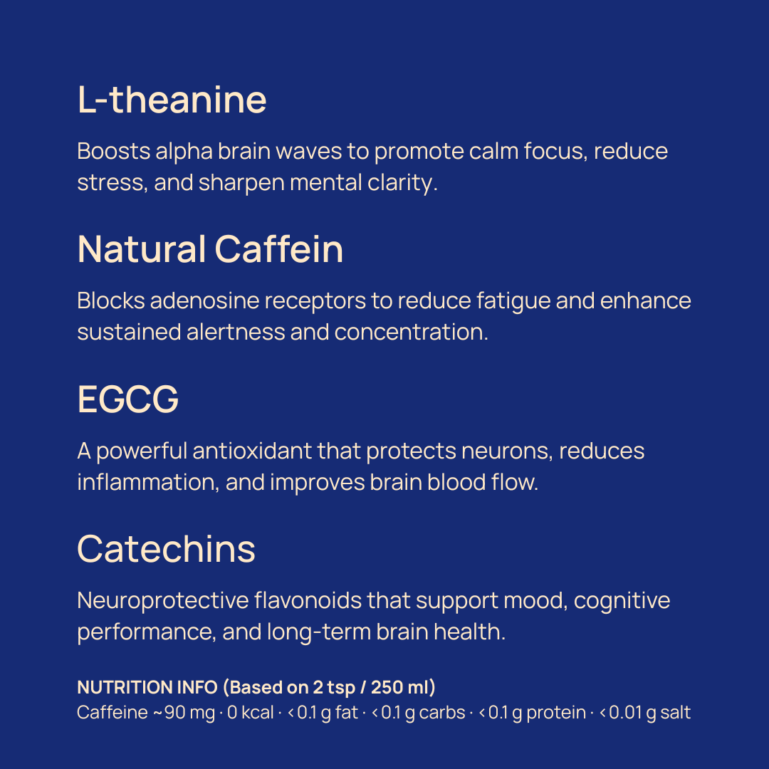 Gyokuro ingredient highlights including L-theanine, natural caffeine, EGCG, and catechins for focus, stress relief, and brain health. 90 mg of caffeine based on 2 tsp.