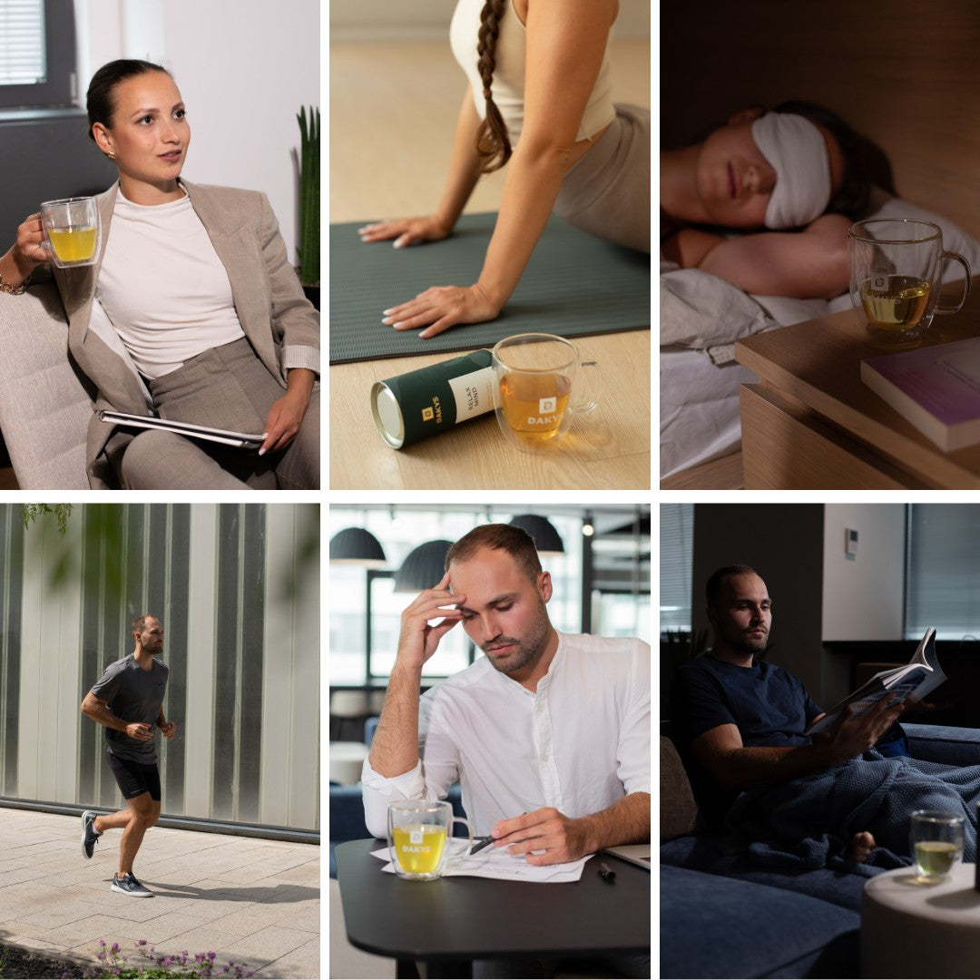 Dakys ultra-clean performance drinks used throughout the day – for energy at work, calm during yoga, focus while studying, and deep recovery during sleep.