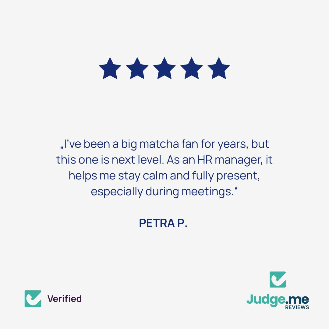 Five-star review from a verified buyer named Petra P., praising Dakys Matcha for helping her stay calm and focused during meetings as an HR manager. She describes it as a next-level matcha experience.