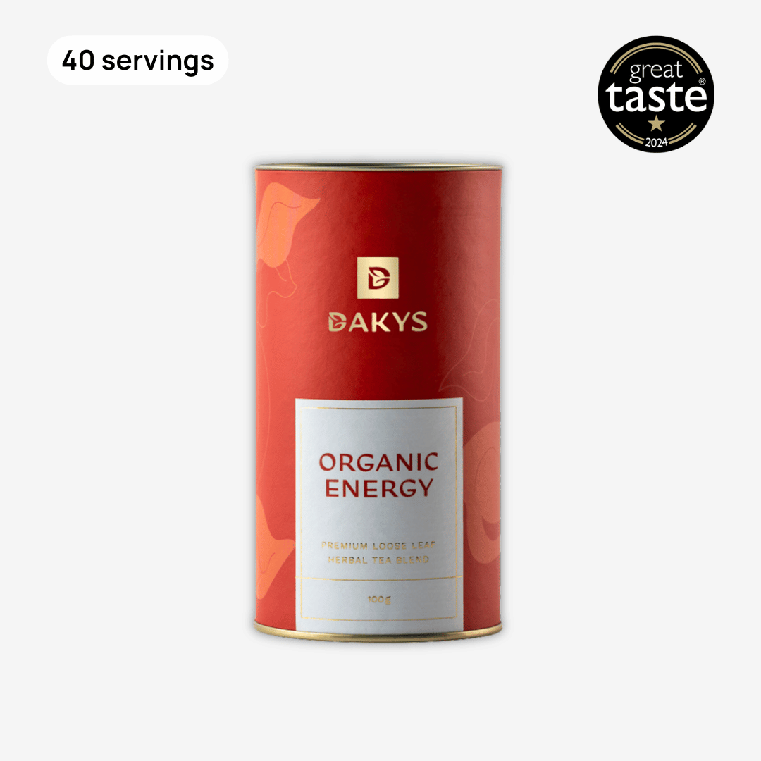 Dakys Organic Energy – red tin with 40 servings of ultra-clean performance drink with Yerba Mate, Matcha and Guarana for energy, focus and mental endurance