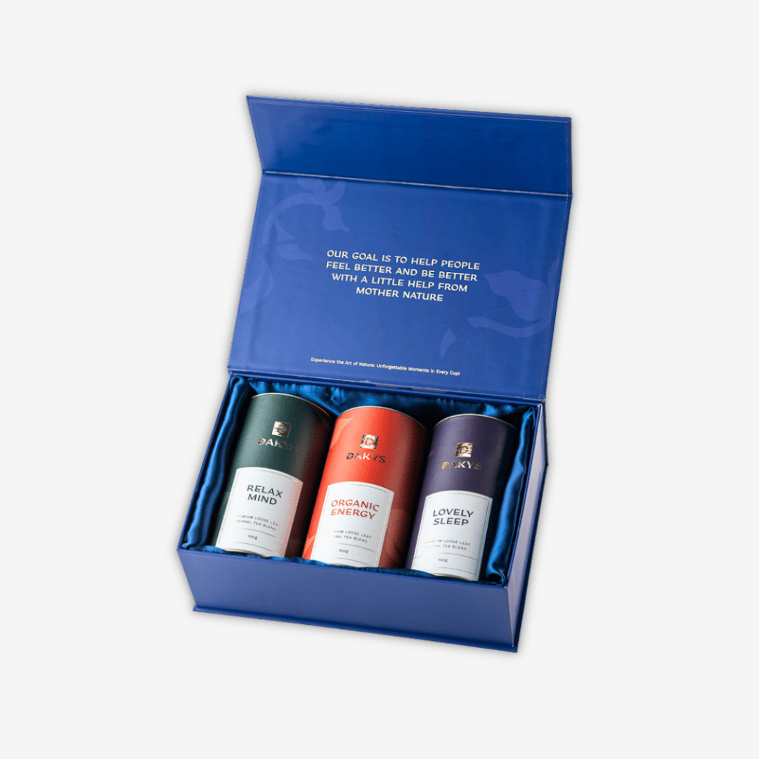 Gold & Blue DAKYS premium gift set with 3 ultra-clean performance drinks – Relax Mind and Lovely Sleep for recovery and Organic Energy for focus and lasting energy before intense workout or mental work. 