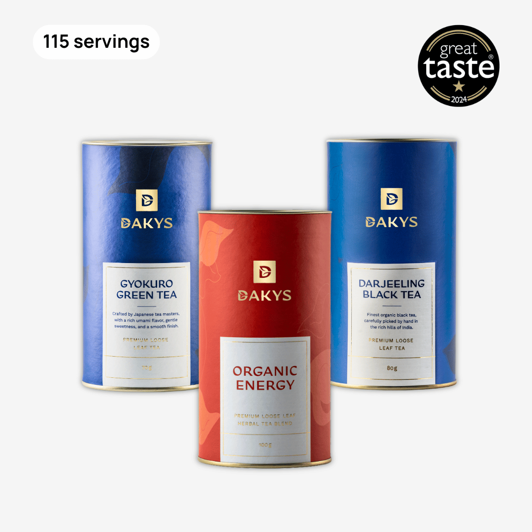 Three Dakys performance drinks – Organic Energy, Gyokuro Green Tea, and Darjeeling Black Tea – shown together as a clean energy and focus combo.